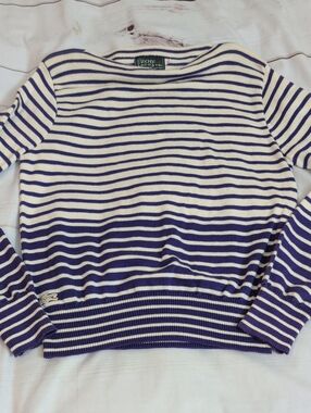 Vintage Izod Lacoste Women's Purple and Cream Stripped Cotton Sweater 60s Large